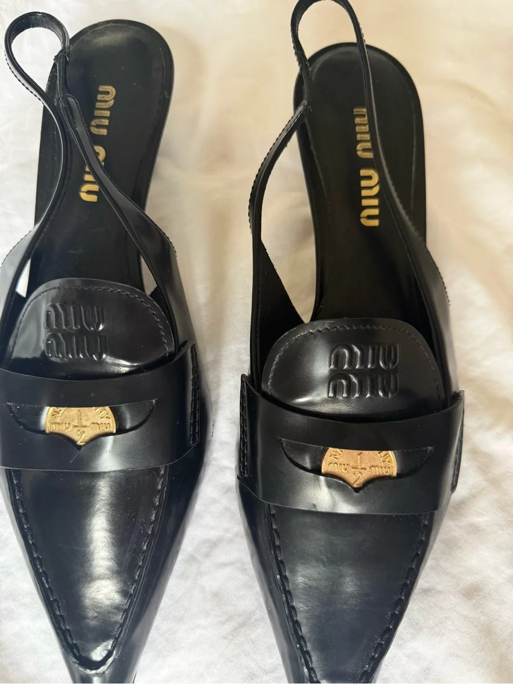 Miu Miu Black Pointed Leather Slingback Penny Loafer Pumps with Gold Penny 40
